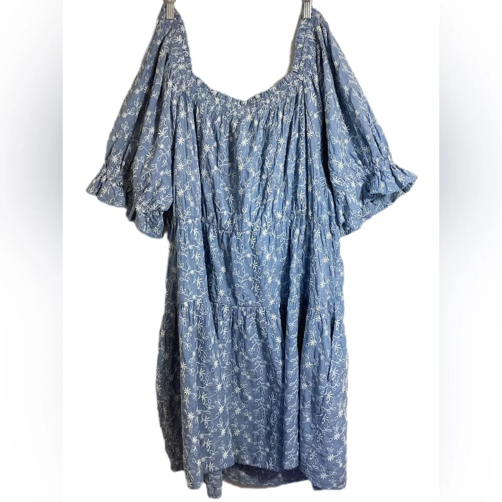 Old Navy Puff-Sleeve Tiered Mini Swing Dress Size 3X Milkmaid Peasant Boho Blue - Picture 2 of 10